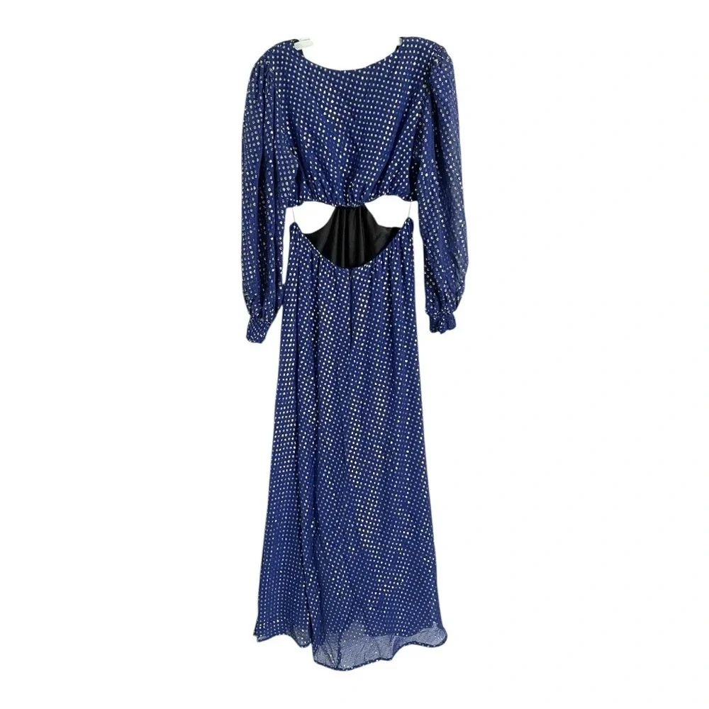 DELFI Cerise Gown Maxi Dress Waist Cutout in Blue Gold Silk Chiffon Size Large - Picture 7 of 13